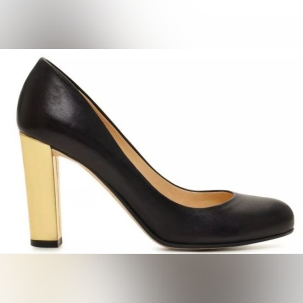 Kate Spade Leslie Black Leather Gold Metallic Heels Size 7 Made in Italy